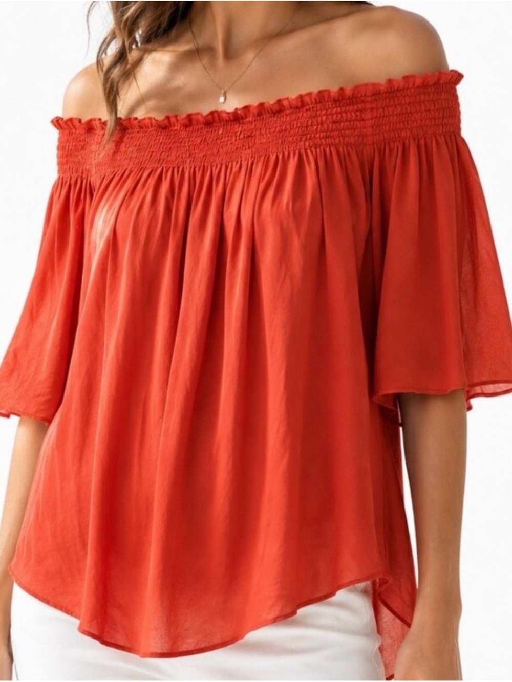 #746 THEORY 100% Silk Smocked Off-Shoulder Blouse in Gorgeous Coral Orange